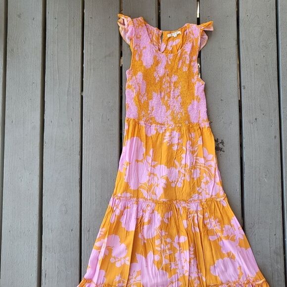 Abel The Label Angelica‎ Maxi Dress Tiered Cap Sleeve Keyhole Back Orange Pink M - Picture 5 of 9